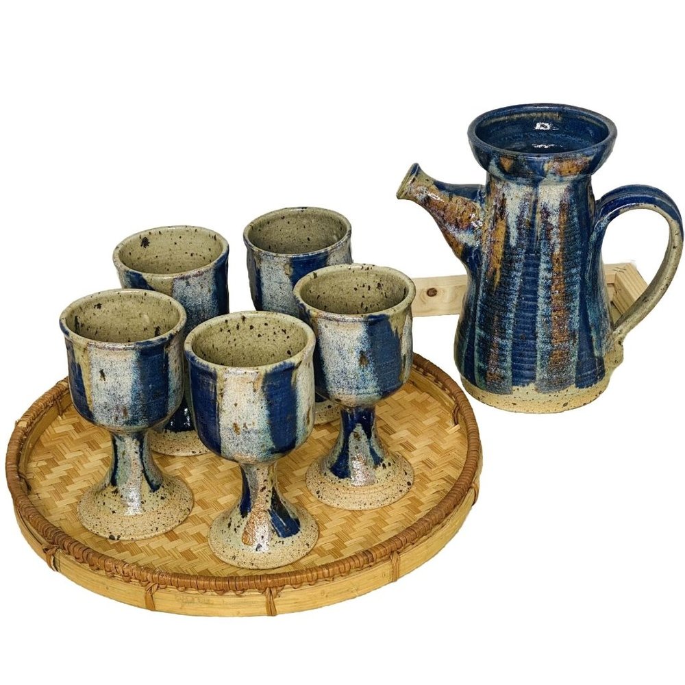 Vtg Tollefson Wheel Thrown Pottery Stoneware Signed 70’s Pitcher & 5 Goblets SET